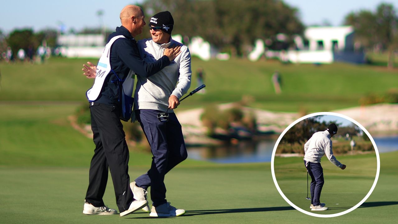 Joel Dahmen hugs his caddie whilst fist pumping after a holed putt