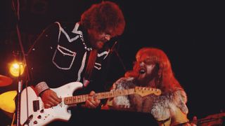 Randy Bachman and C F Turner on stage, Hammersmith Odeon, London, 1975