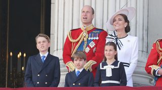 Prince George of Wales, Prince William, Prince of Wales, Prince Louis of Wales, Princess Charlotte of Wales, Catherine, Princess of Wales, King Charles III, Queen Camilla and Sophie, Duchess of Edinburghon the balcony of Buckingham Palace during Trooping the Colour on June 15, 2024 in London, England.