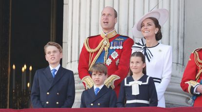 Prince George of Wales, Prince William, Prince of Wales, Prince Louis of Wales, Princess Charlotte of Wales, Catherine, Princess of Wales, King Charles III, Queen Camilla and Sophie, Duchess of Edinburghon the balcony of Buckingham Palace during Trooping the Colour on June 15, 2024 in London, England. 