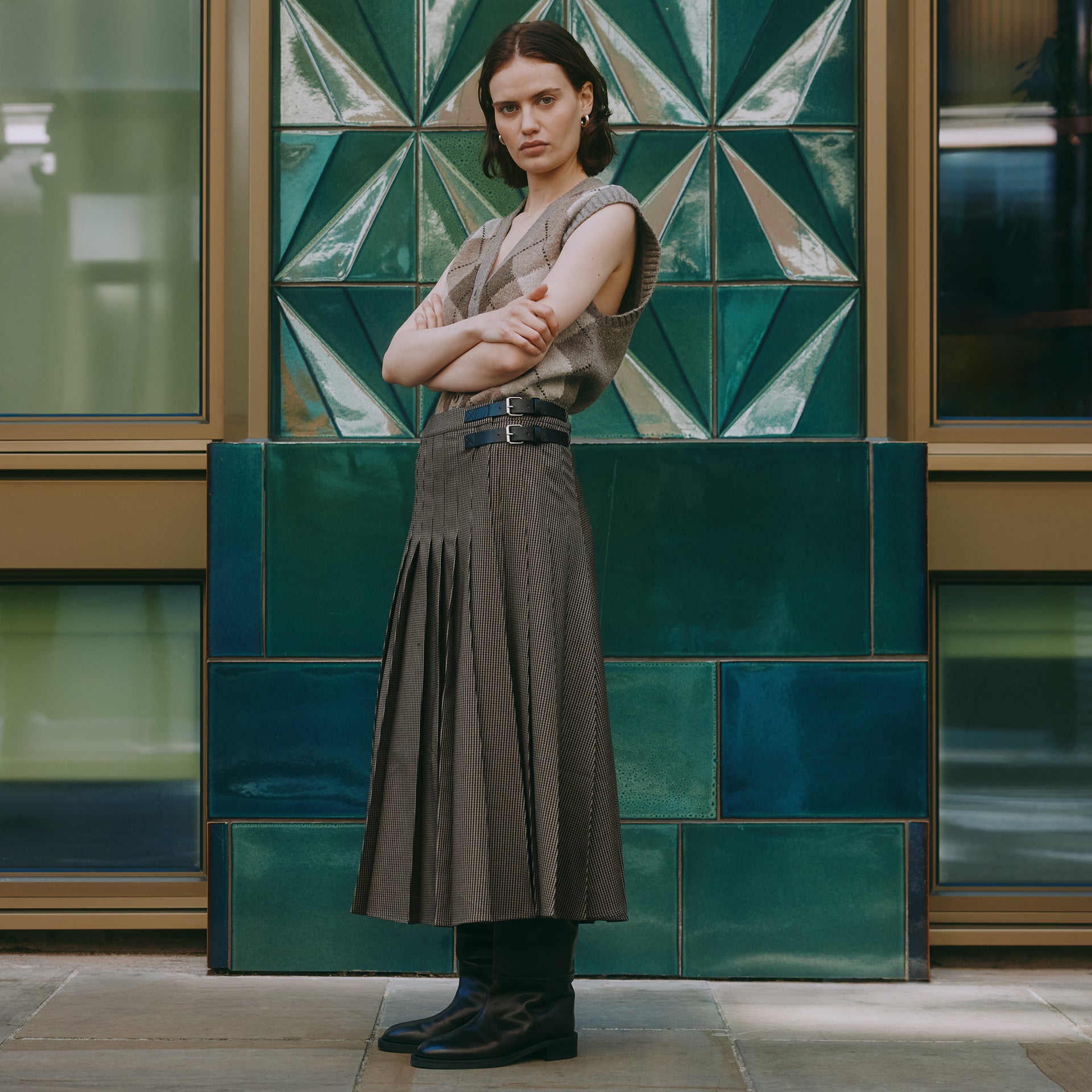 Houndstooth Pleat Midi Skirt - 8