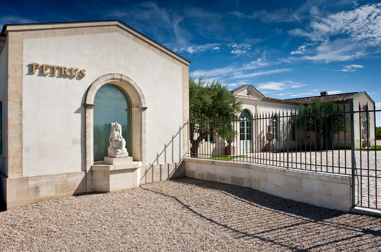 Chateau Petrus wine estate, with statue of St Pierre, Pomerol, Bordeaux