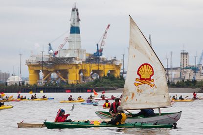 Protesters in Seattle near the Polar Pioneer oil rig.