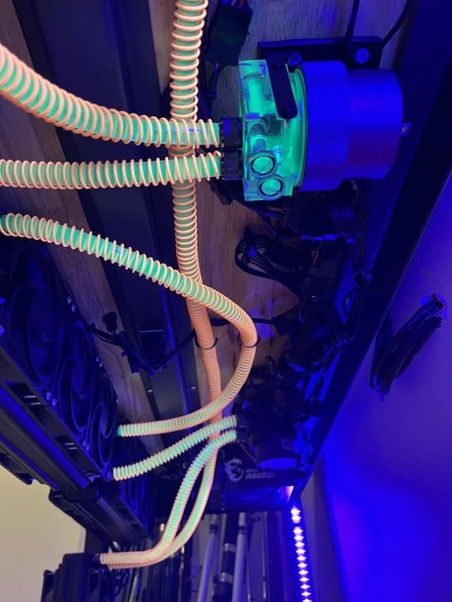 A custom liquid cooled gaming PC with UV fluorescent liquid