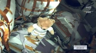 A small teddy bear inside the Soyuz MS-23 spacecraft to serve as a zero gravity indicator.
