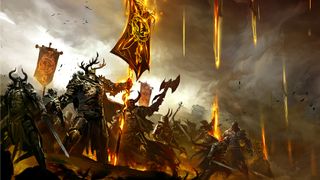 Guild Wars 2 environment design; an army of knights hold burning flags as they come under fire from fireballs, set against dark clouds