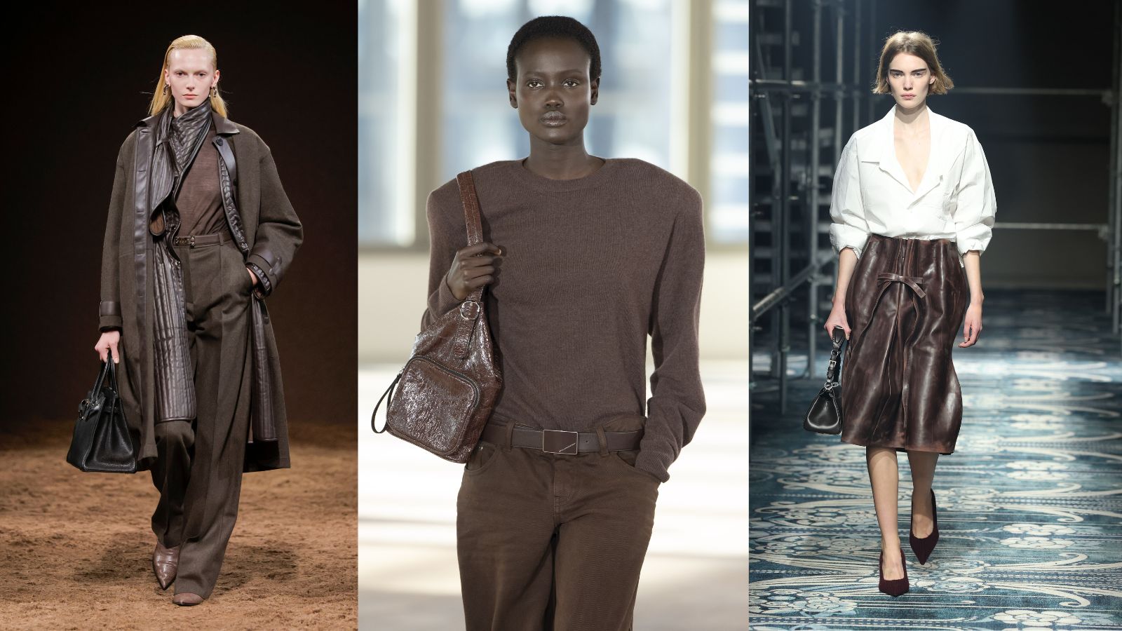 3 models of the catwalk wearing brown outfits