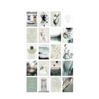 A collage of green art prints