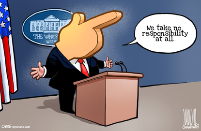 Political Cartoon U.S. Trump finger pointing coronavirus