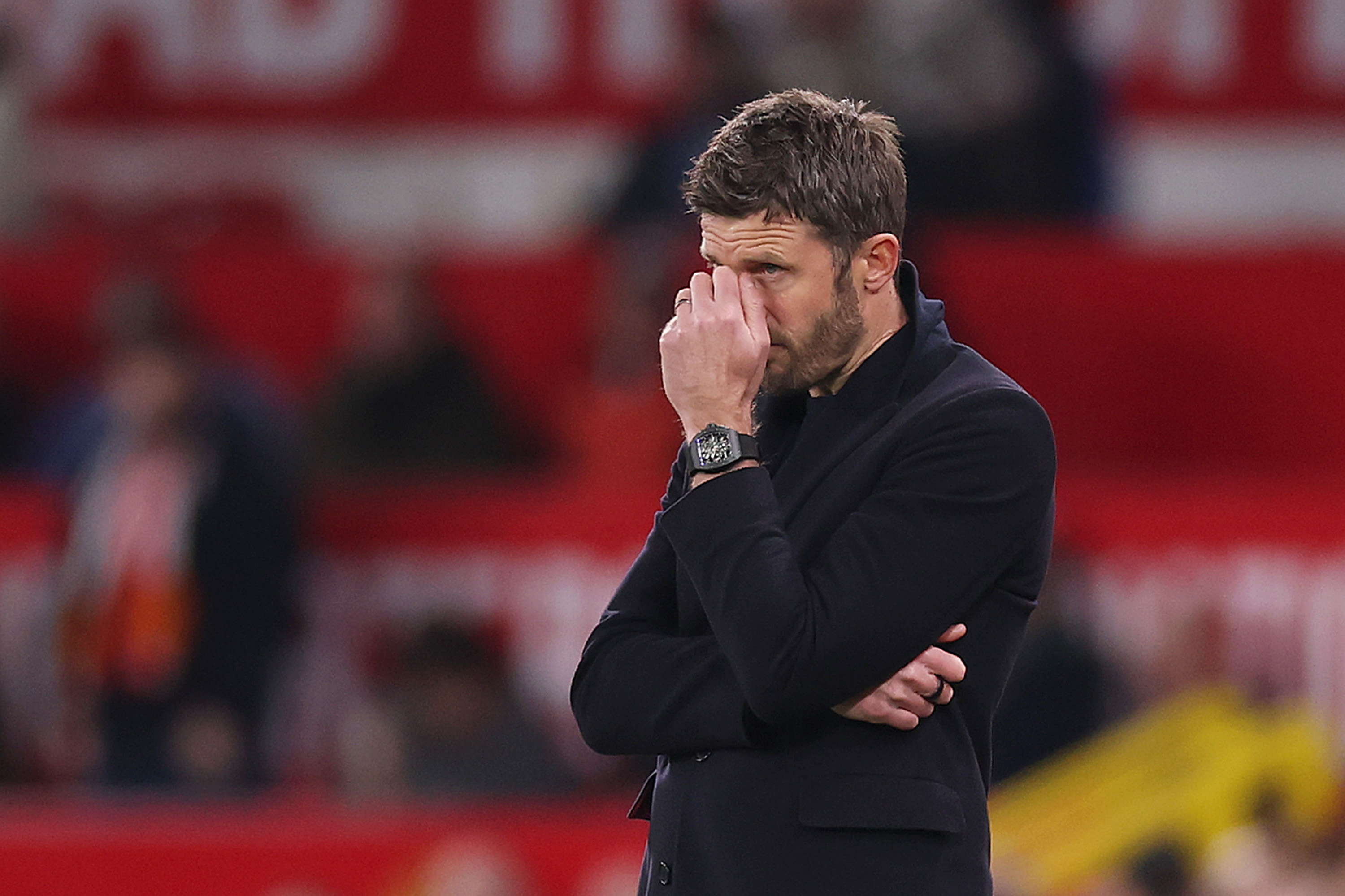 MANCHESTER, ENGLAND - APRIL 13: Michael Carrick, Manager of Manchester United, reacts during the Premier League match between Manchester United and Leeds United at Old Trafford 
