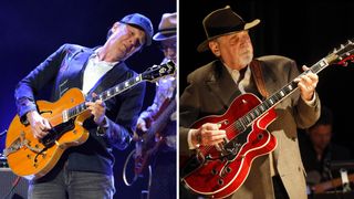 Joe Bonamassa plays a Guild electric at a tribute to Duane Eddy. On the right, Eddy, pictured at the 2009 Country Music Hall of Fame Medallion Ceremony, plays his Gibson signature archtop.