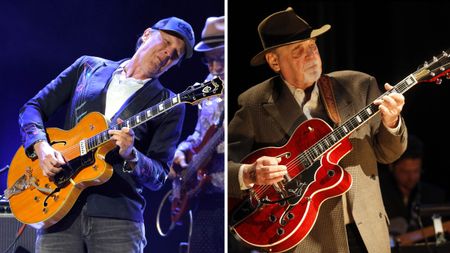 Joe Bonamassa plays a Guild electric at a tribute to Duane Eddy. On the right, Eddy, pictured at the 2009 Country Music Hall of Fame Medallion Ceremony, plays his Gibson signature archtop.