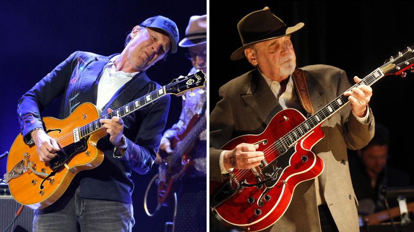 Joe Bonamassa plays a Guild electric at a tribute to Duane Eddy. On the right, Eddy, pictured at the 2009 Country Music Hall of Fame Medallion Ceremony, plays his Gibson signature archtop.