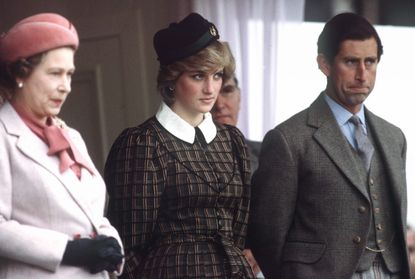 BRAEMAR, UNITED KINGDOM - SEPTEMBER 04: Queen Elizabeth Ll With Princess Diana And Prince Charles Watching The Traditional Highland Games At Braemar. (Photo by Tim Graham Photo Library via Getty Images)
