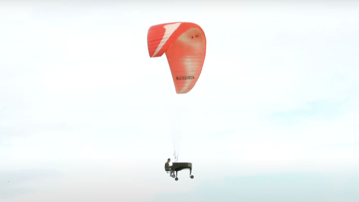 A flying piano, in the air