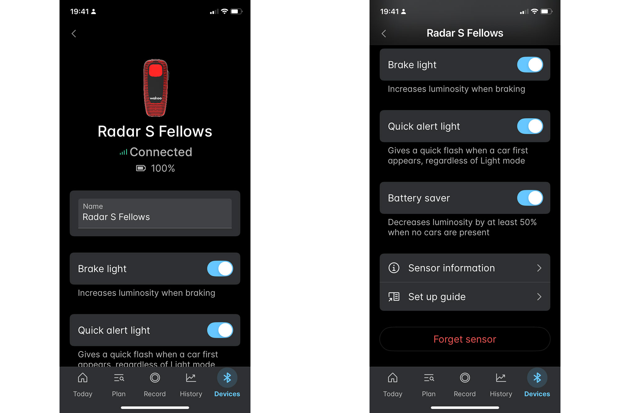 Wahoo app, showing sensor setup options