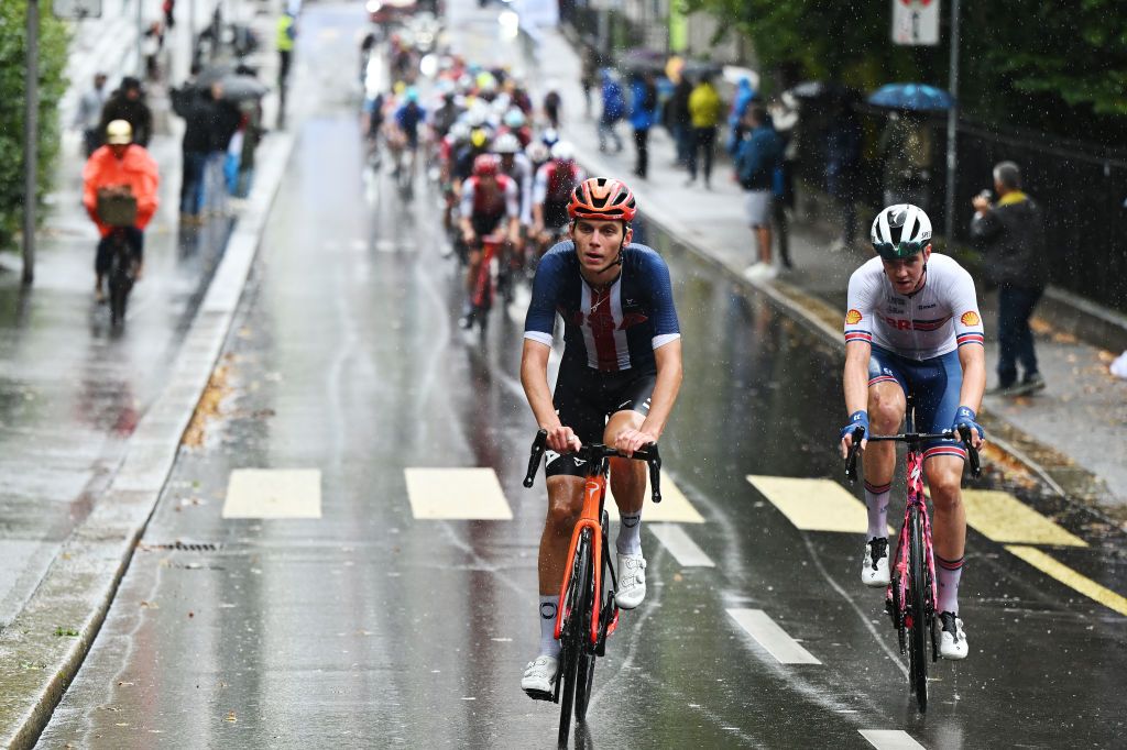 ZURICH SWITZERLAND SEPTEMBER 27 LR Artem Shmidt of Team United States and Callum Thornley of Team Great Britain compete in the breakaway during the 97th UCI Cycling World Championships Zurich 2024 Mens U23 Road Race a 1736km one day race from Uster to Zurich on September 27 2024 in Zurich Switzerland Photo by Tim de WaeleGetty Images