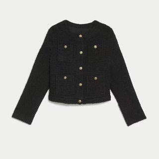 flat lay image of black tweed blazer