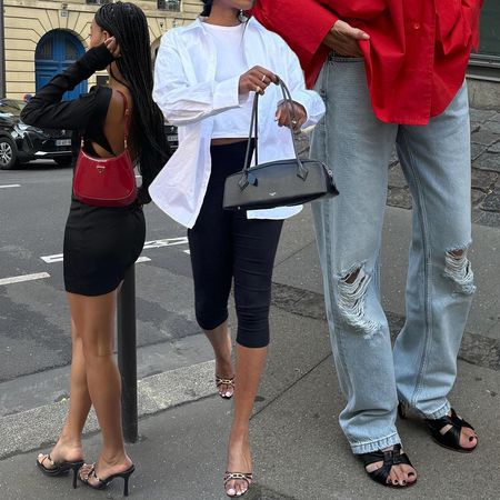 A collage of women in elevated sandal outfits