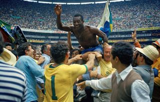Pele celebrates after winning the 1970 World Cup with Brazil.