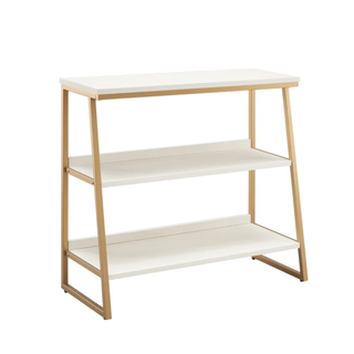 low ladder bookcase with gold frame and marble shelves