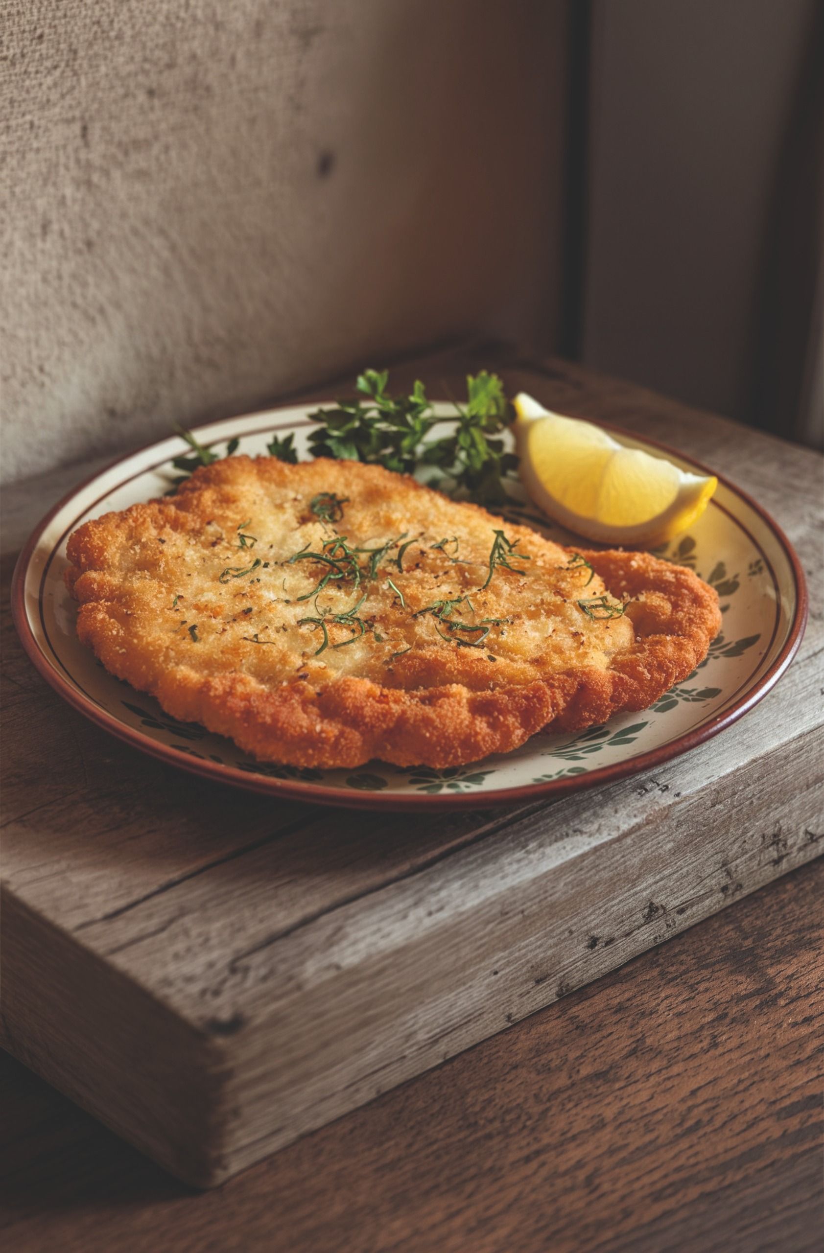 A schnitzel, lemon and some salad on a plate