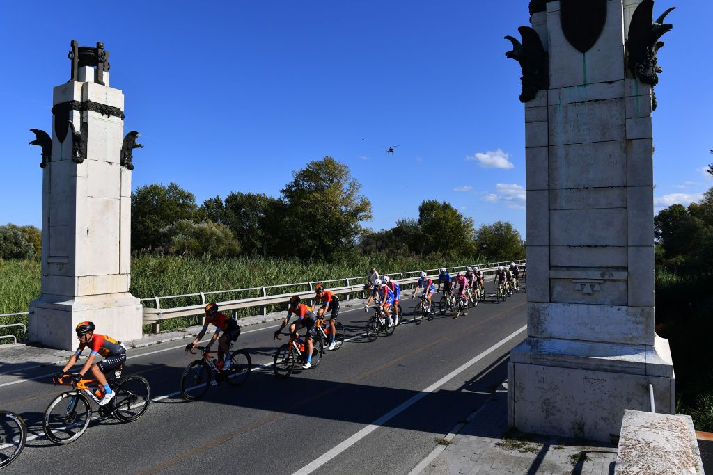 RIMINI ITALY OCTOBER 14 Hermann Pernsteiner of Austria and Team Bahrain Mclaren Pello Bilbao of Spain and Team Bahrain Mclaren Ignatas Konovalovas of Lithuania and Team Groupama FDJ Jacopo Guarnieri of Italy and Team Groupama FDJ Joao Almeida of Portugal and Team Deceuninck QuickStep Pink Leader Jersey Ruben Guerreiro of Portugal and Team EF Pro Cycling Blue Mountain Jersey Peloton Fano City Landscape during the 103rd Giro dItalia 2020 Stage Eleven a 182 km stage from Porto SantElpidio to Rimini girodiitalia Giro on October 14 2020 in Rimini Italy Photo by Stuart FranklinGetty Images