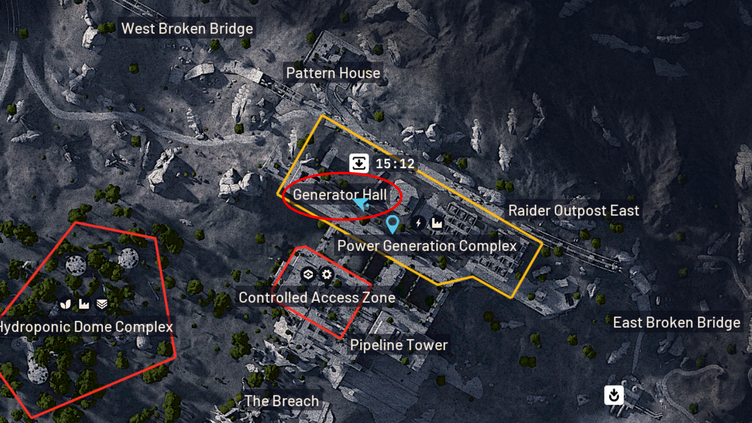 Arc Raiders Water Filter: A map of Dam Battlegrounds with a red circle highlighting the Generator Hall.