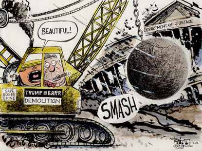 Political Cartoon U.S. Barr Trump smash Stone case justice smash