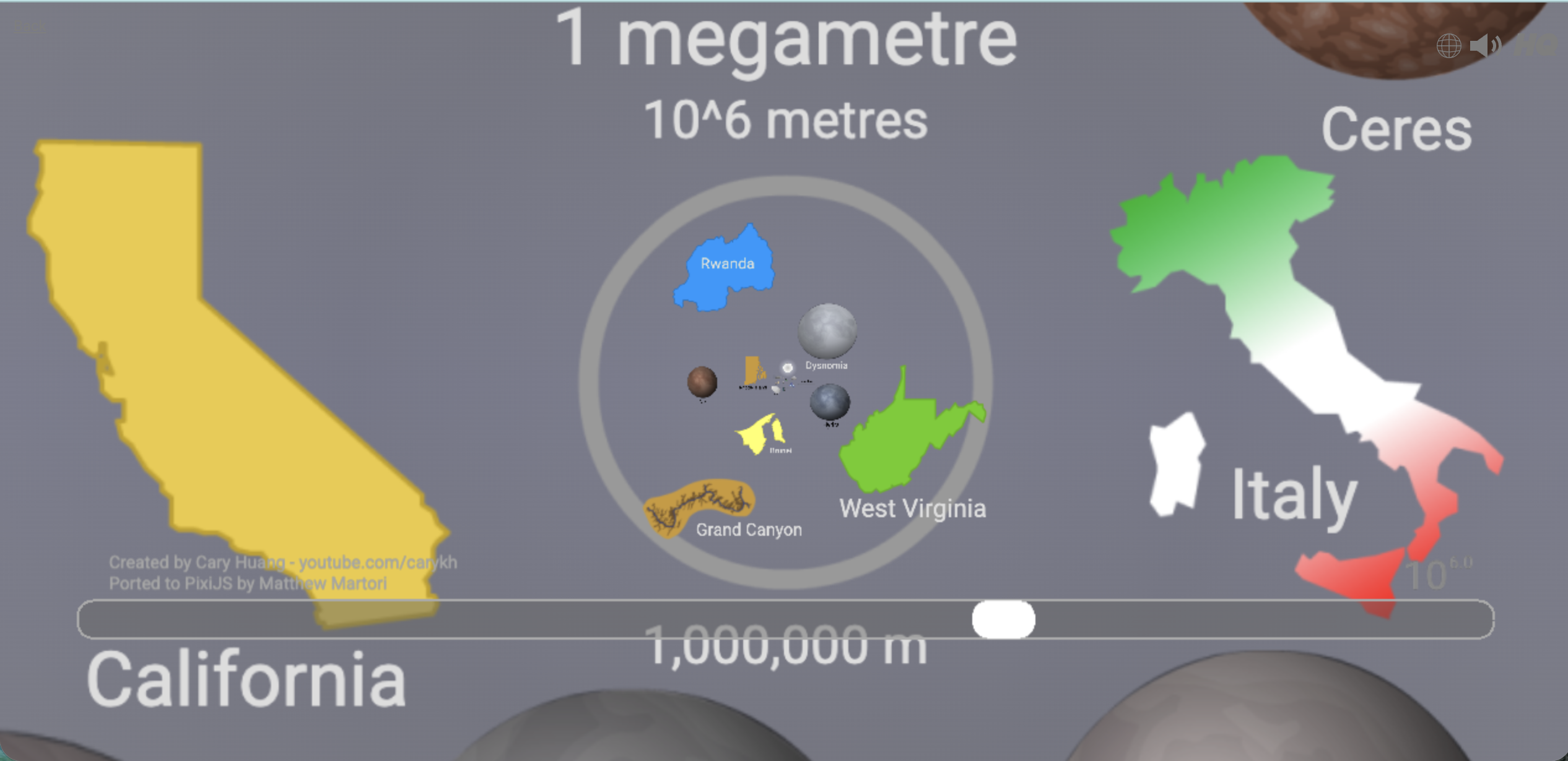 Screenshot of The Scale of the Universe 2 at the 1 megametre marker, comparing California, Italy, West Virginia, Rwanda, the Grand Canyon and the dwarf planet Ceres at matching scale.