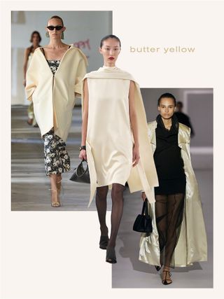 A collage with the words "butter yellow" printed on it and three S/S 25 runway images from Rachel Comey, Toteme, and Khaite.