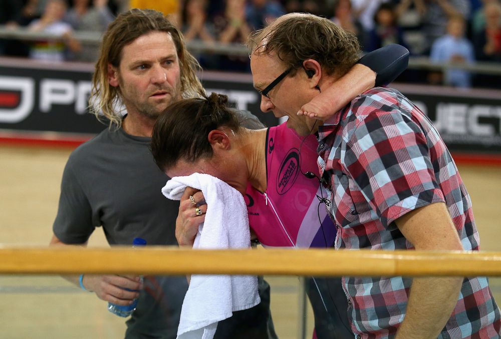 Dame Sarah Storey receives treatment after her Women's Hour Record attempt.
