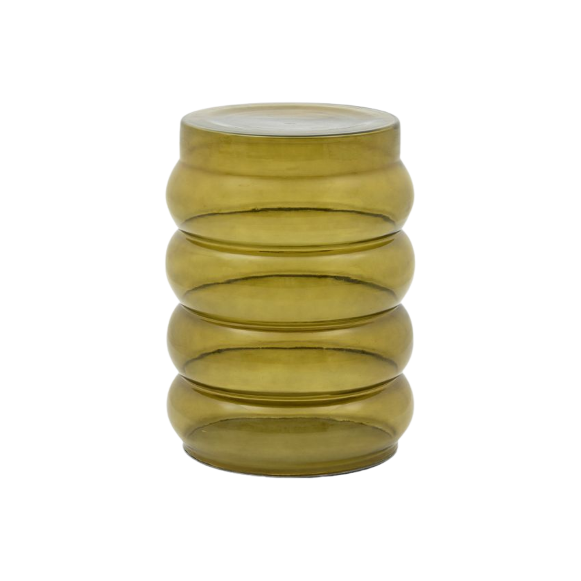 an olive green transparent side table with a bubbled exterior 