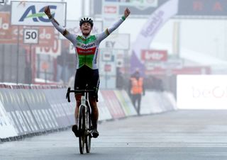 Belgian Marion Norbert Riberolle celebrates after winning the women Elite race of the Belgian Championships 