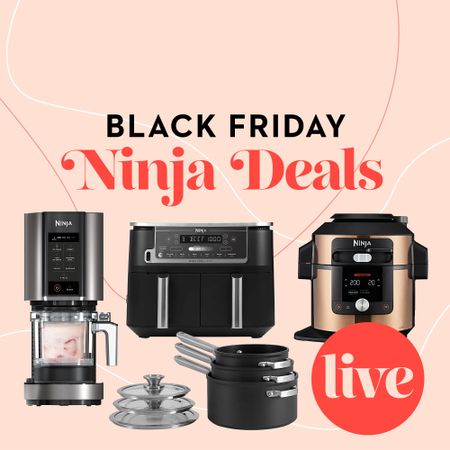 Ninja Black Friday deals. graphic with products superimposed and a 'live' badge