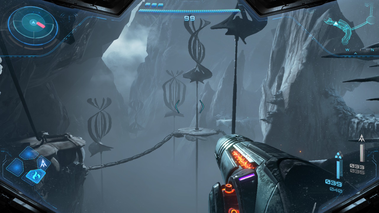 A screenshot showing Samsus exploring a barren icy landscape in Metroid Prime 4: Beyond