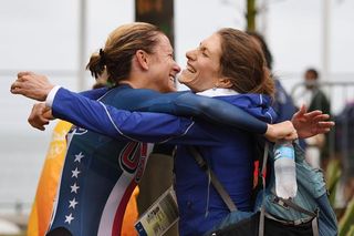 Kristin Armstrong celebrates with USA teammate Mara Abbott