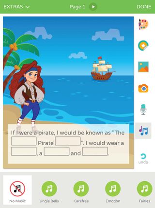 Screenshot: Illustration of pirate ship at sea and girl on shore with fill-in-the-blank box: If I were a pirate, I would be known as __