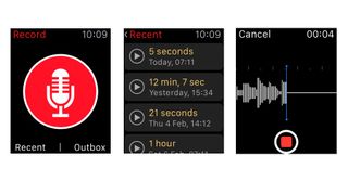 Skjermbilder fra appen Just Press Record på en Apple Watch.