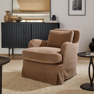 west elm brown armchair with skirt