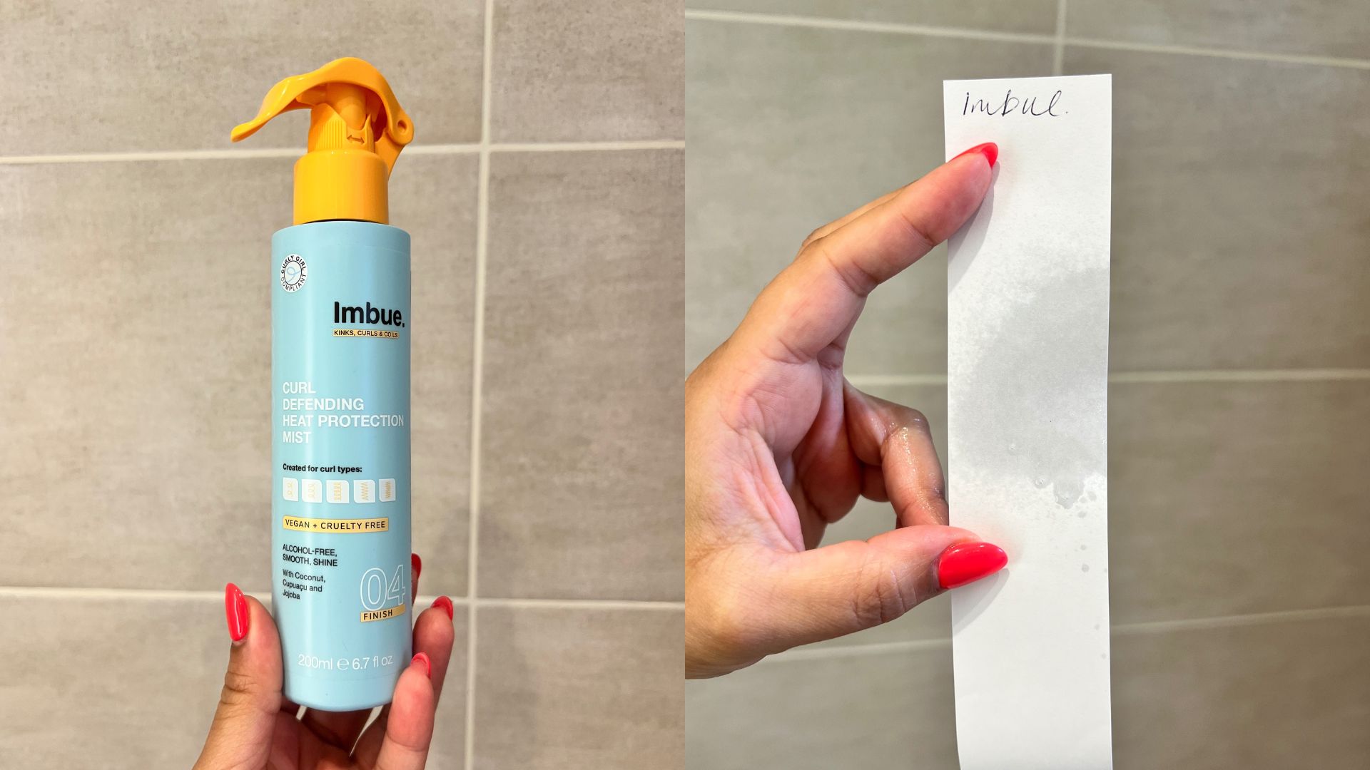 Imbue Curl Defending Heat Protection Mist next to a paper strip showing the texture of the formula