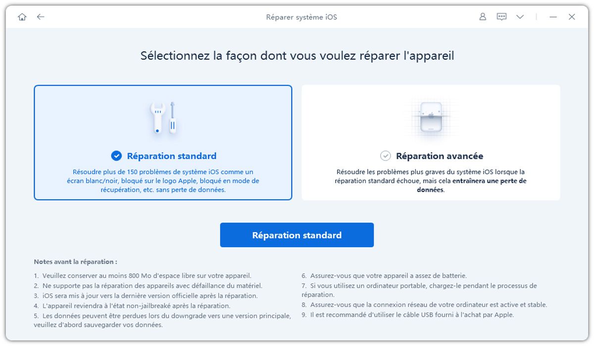 Cliquez sur &laquo; Commencer &raquo; puis sur &laquo; R&eacute;paration standard &raquo;