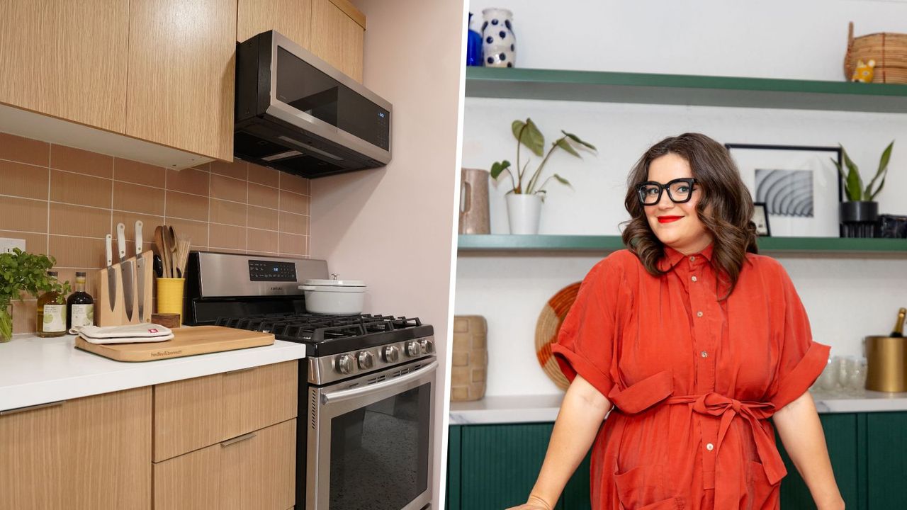 A photo of Ellen Bennett in a bright orange outfit next to a pink and wood-toned kitchen