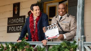 Di Neville Parker (Ralf Little) and Commissioner Selwyn PAtterson (Don Warrington) behind the scenes on Death In Paradise Christmas Special 2022.