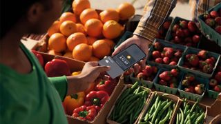 A user in a green top makes a card payment on on an iPhone above a market of fruit