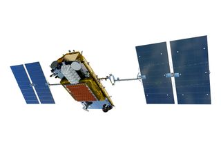 This drawing shows a close up of a Iridum satellite with two panels either side of it's main body