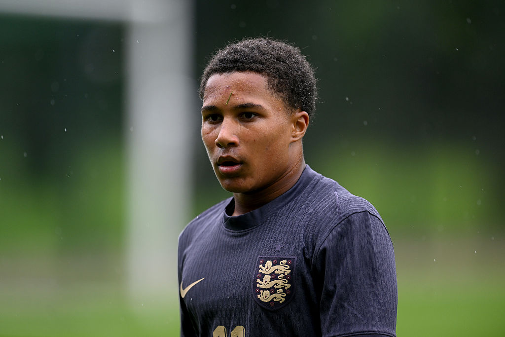 Ajay Tavares of England looks on during the Men's U17 International between England and Germany at Sportschule Wedau on September 09, 2025 in Duisburg, Germany.
