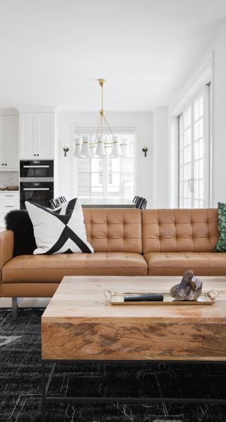 A black and white living room with a brown sofa