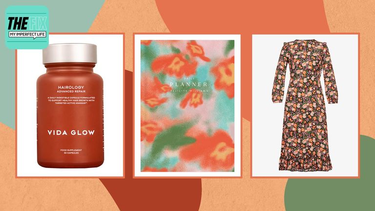 product shots of Vida Glow Hairology supplements, a Papier planner and a Nobody's Child floral midi dress on a green and orange abstract background
