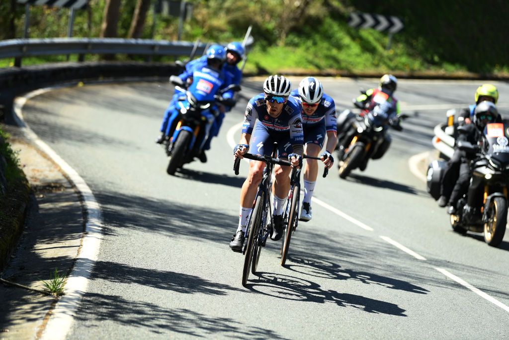 AMOREBIETA SPAIN APRIL 07 Remi Cavagna of France and Mattia Cattaneo of Italy and Team Soudal QuickStep compete in the breakaway during the 62nd Itzulia Basque Country Stage 5 a 1659km stage from Amorebieta to Amorebieta on April 07 2023 in Amorebieta Spain Photo by David RamosGetty Images